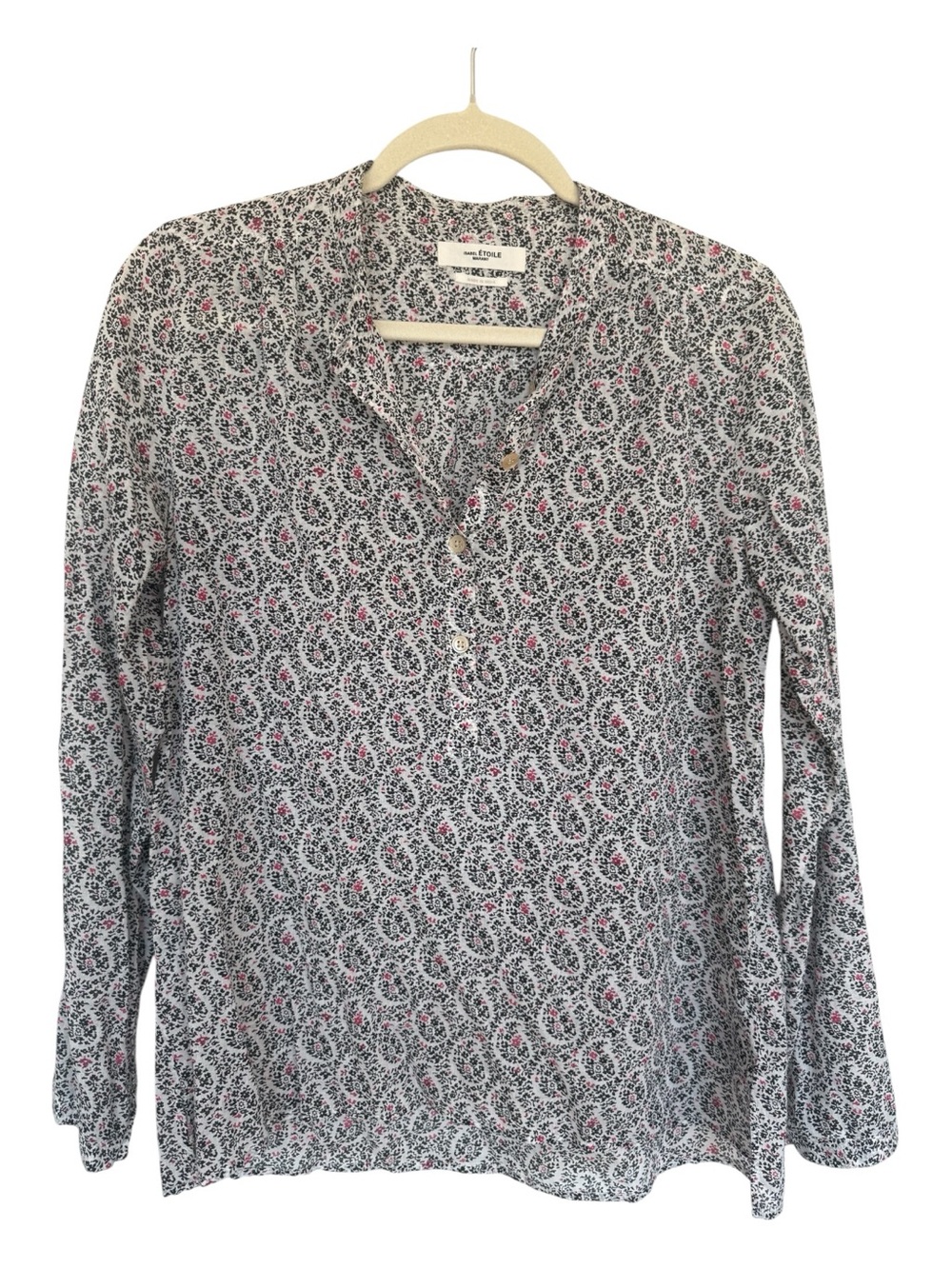 Isabel Marant Tiny Floral Print Button Henley Top - White, Black & Pink